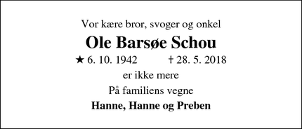 Dødsannoncen for Ole Barsøe Schou - Kolding