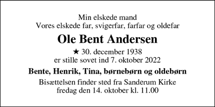 Dødsannoncen for Ole Bent Andersen - Odense