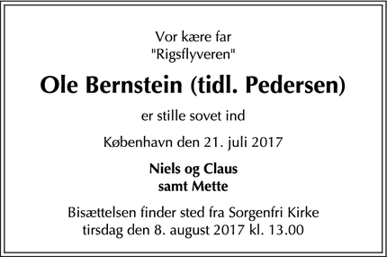 Dødsannoncen for Ole Bernstein (tidl. Pedersen) - København Ø