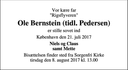 Dødsannoncen for Ole Bernstein (tidl. Pedersen) - København Ø