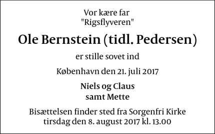 Dødsannoncen for Ole Bernstein (tidl. Pedersen) - København Ø