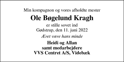 Dødsannoncen for Ole Bøgelund Kragh - 6920 Videbæk