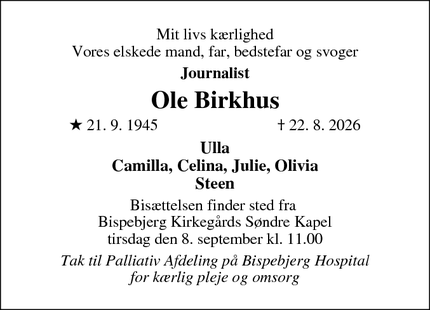 Dødsannoncen for Ole Birkhus - København