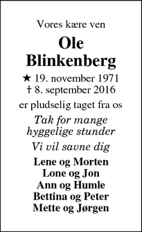 Dødsannoncen for Ole Blinkenberg - Tjæreborg, Danmark