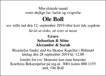 Dødsannoncen for Ole Boll - Bloustrød