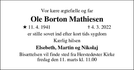 Dødsannoncen for Ole Borton Mathiesen - Albertslund