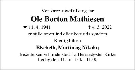 Dødsannoncen for Ole Borton Mathiesen - Albertslund