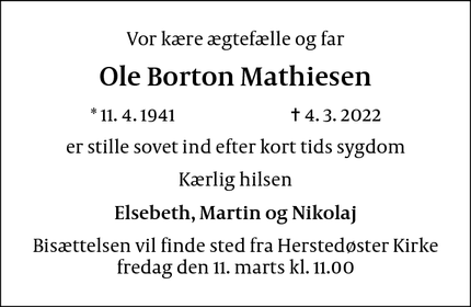 Dødsannoncen for Ole Borton Mathiesen - Albertslund