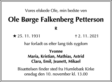Dødsannoncen for Ole Børge Falkenberg Petterson - Fredensborg