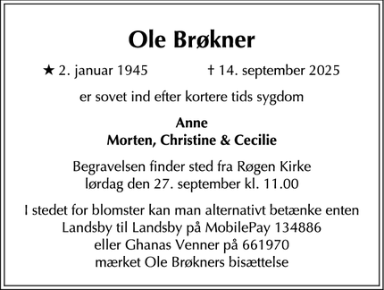Dødsannoncen for Ole Brøkner - Røgen