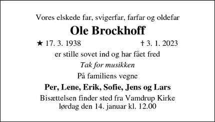 Dødsannoncen for Ole Brockhoff - Vamdrup