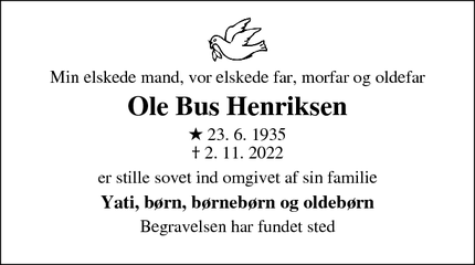 Dødsannoncen for Ole Bus Henriksen - Dragør