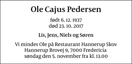 Dødsannoncen for Ole Cajus Pedersen - Egeskov