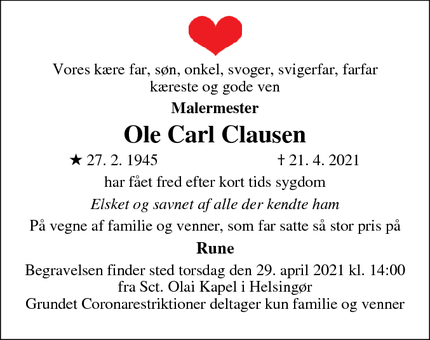 Dødsannoncen for Ole Carl Clausen - Frederiksberg