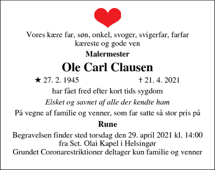 Dødsannoncen for Ole Carl Clausen - Frederiksberg