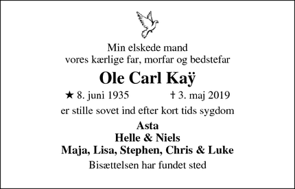 Dødsannoncen for Ole Carl Kaÿ - Dragør