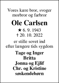 Dødsannoncen for Ole Carlsen - Herning
