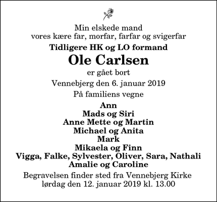 Dødsannoncen for Ole Carlsen - Vennebjerg