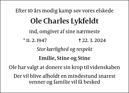 Dødsannoncen for Ole Charles Lykfeldt - frederiksberg
