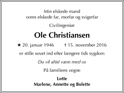 Dødsannoncen for Ole Christiansen - Lillerød