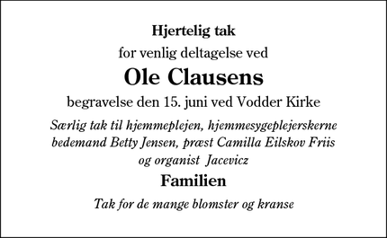 Taksigelsen for Ole Clausens - Frifelt, 6780 Skærbæk