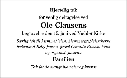 Taksigelsen for Ole Clausens - Frifelt, 6780 Skærbæk
