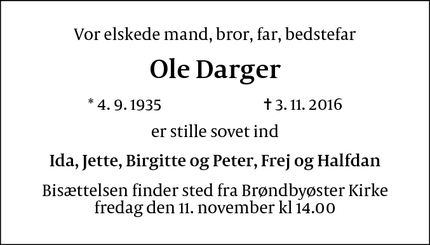 Dødsannoncen for Ole Darger - Brøndby