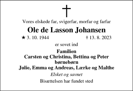 Dødsannoncen for Ole de Lasson Johansen - Esbjerg