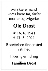 Dødsannoncen for Ole Drost - Osted