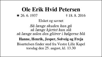 Dødsannoncen for Ole Erik Hvid Petersen - Aarhus