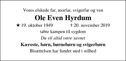 Dødsannoncen for Ole Even Hyrdum - 51151577