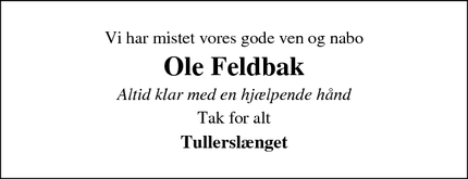 Dødsannoncen for Ole Feldbak - Ikast