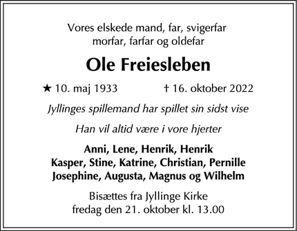 Dødsannoncen for Ole Freiesleben - København K
