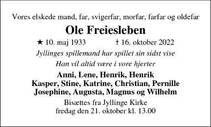 Dødsannoncen for Ole Freiesleben - København K