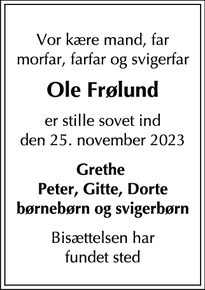 Dødsannoncen for Ole Frølund - Kokkedal