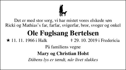 Dødsannoncen for Ole Fuglsang Bertelsen - Halk 
