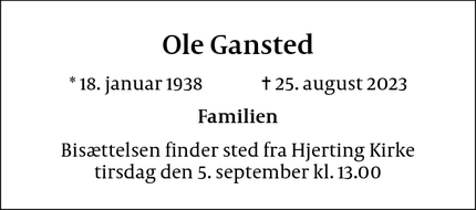 Dødsannoncen for Ole Gansted - 9210 Aalborg SØ