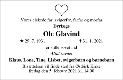 Dødsannoncen for Ole Glavind - Østbirk 