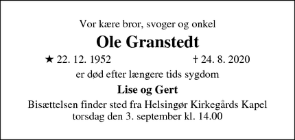 Dødsannoncen for Ole Granstedt - Helsingør