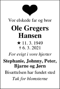 Dødsannoncen for Ole Gregers
Hansen - Hvidovre