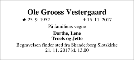 Dødsannoncen for Ole Grooss Vestergaard - Skanderborg