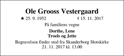 Dødsannoncen for Ole Grooss Vestergaard - Skanderborg