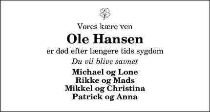 Dødsannoncen for Ole Hansen - Lyngså