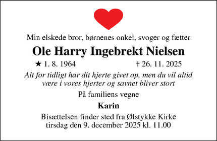 Dødsannoncen for Ole Harry Ingebrekt Nielsen - Brønshøj tidl. Amager