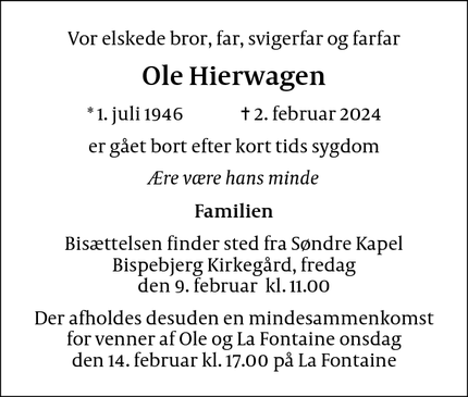 Dødsannoncen for Ole Hierwagen - Gentofte