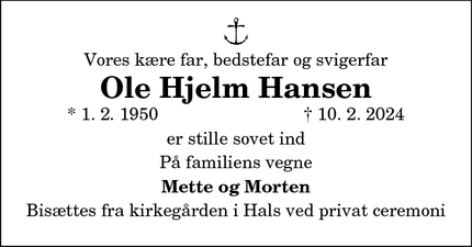 Dødsannoncen for Ole Hjelm Hansen - Hals