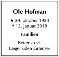 Dødsannoncen for Ole Hofman - København