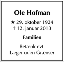 Dødsannoncen for Ole Hofman - København