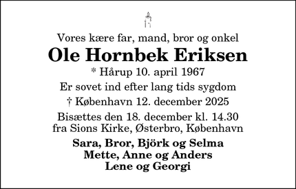 Dødsannoncen for Ole Hornbek Eriksen - København 