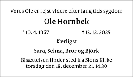 Dødsannoncen for Ole Hornbek - København 
